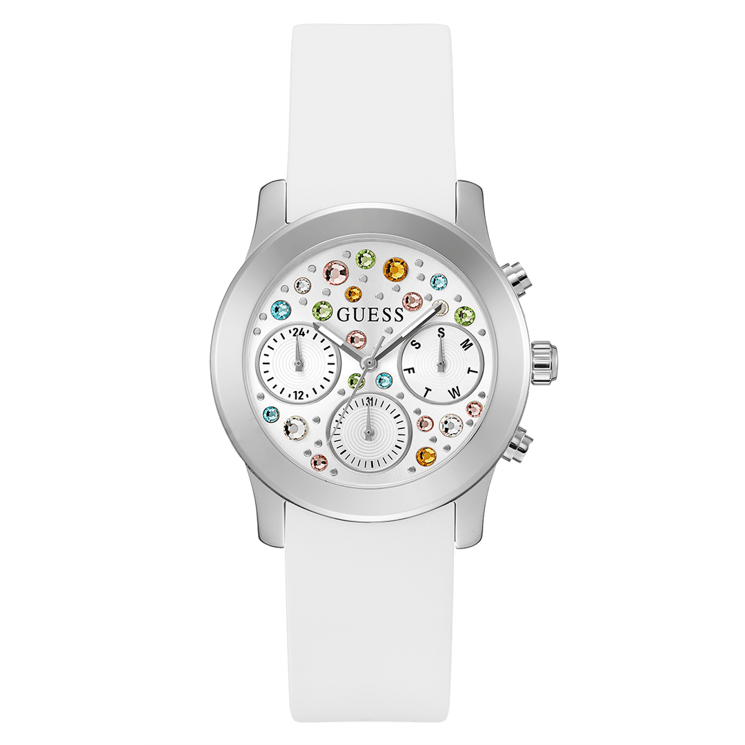GUESS Ladies White Silver Tone Multi-Function Watch