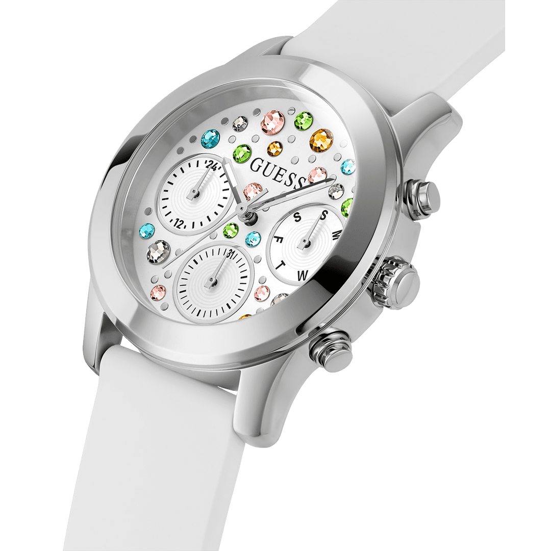 GUESS Ladies White Silver Tone Multi-Function Watch