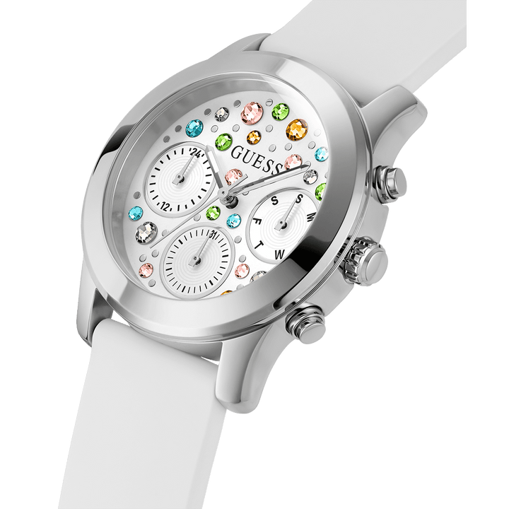GUESS Ladies White Silver Tone Multi-Function Watch