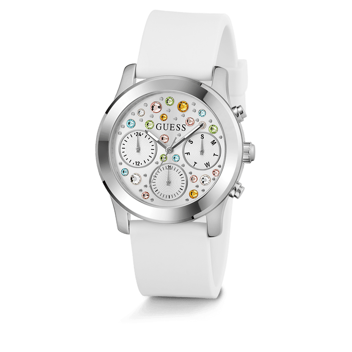 GUESS Ladies White Silver Tone Multi-Function Watch