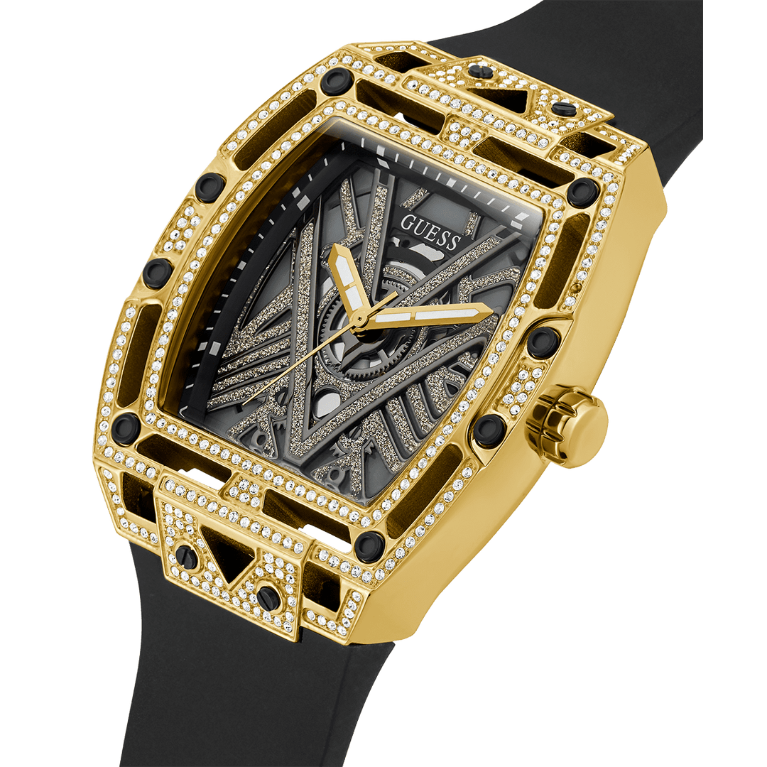 GUESS Mens Black Gold Tone Analog Watch