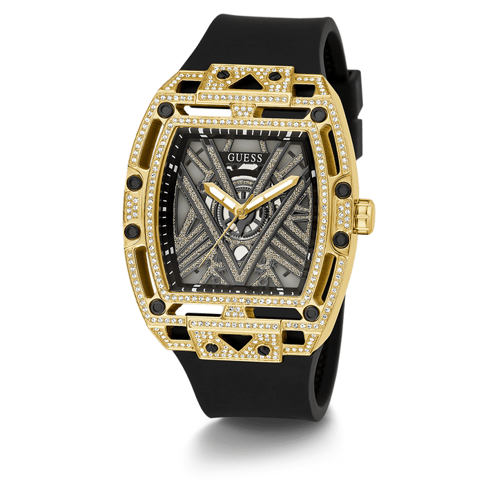 GUESS Mens Black Gold Tone Analog Watch
