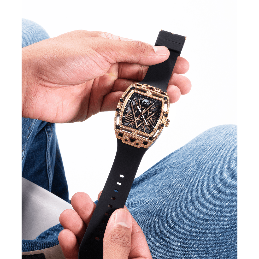 GUESS Mens Black Gold Tone Analog Watch