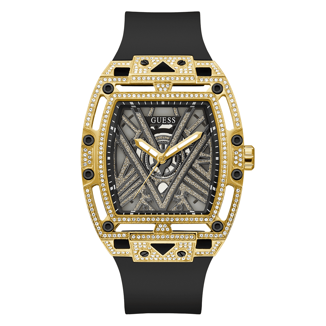 GUESS Mens Black Gold Tone Analog Watch