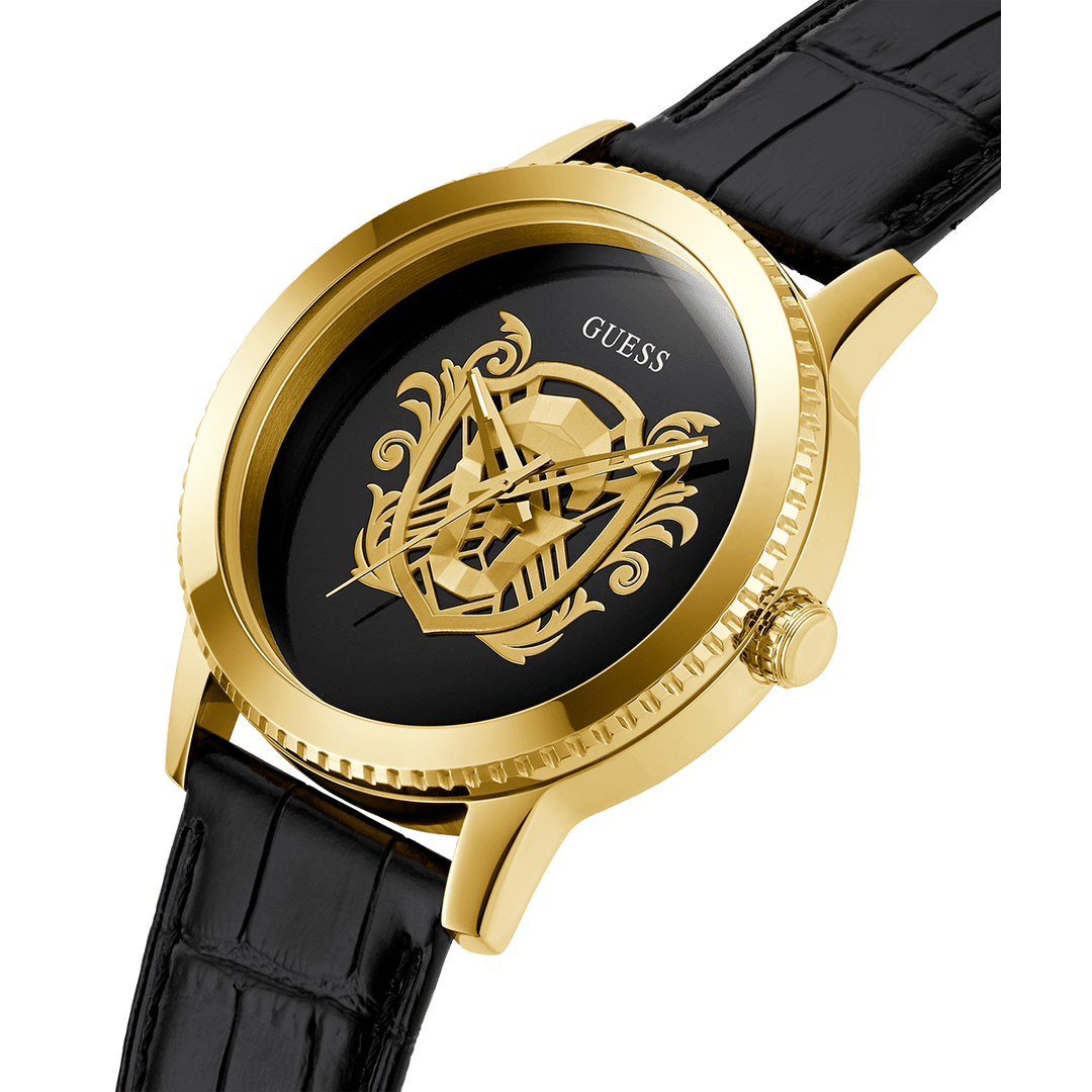 GUESS Mens Black Gold Tone Analog Watch