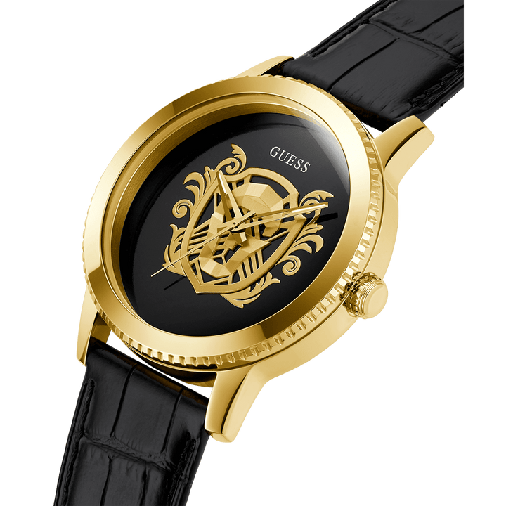 GUESS Mens Black Gold Tone Analog Watch