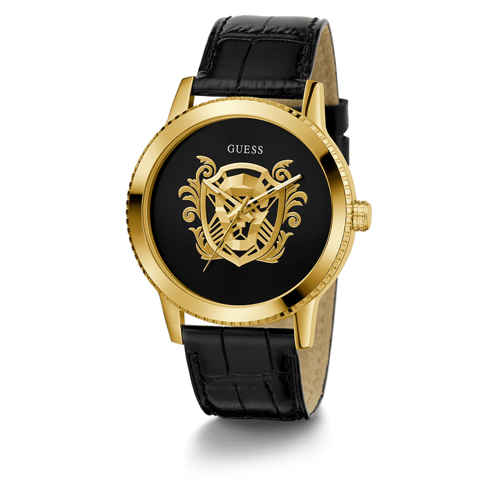 GUESS Mens Black Gold Tone Analog Watch