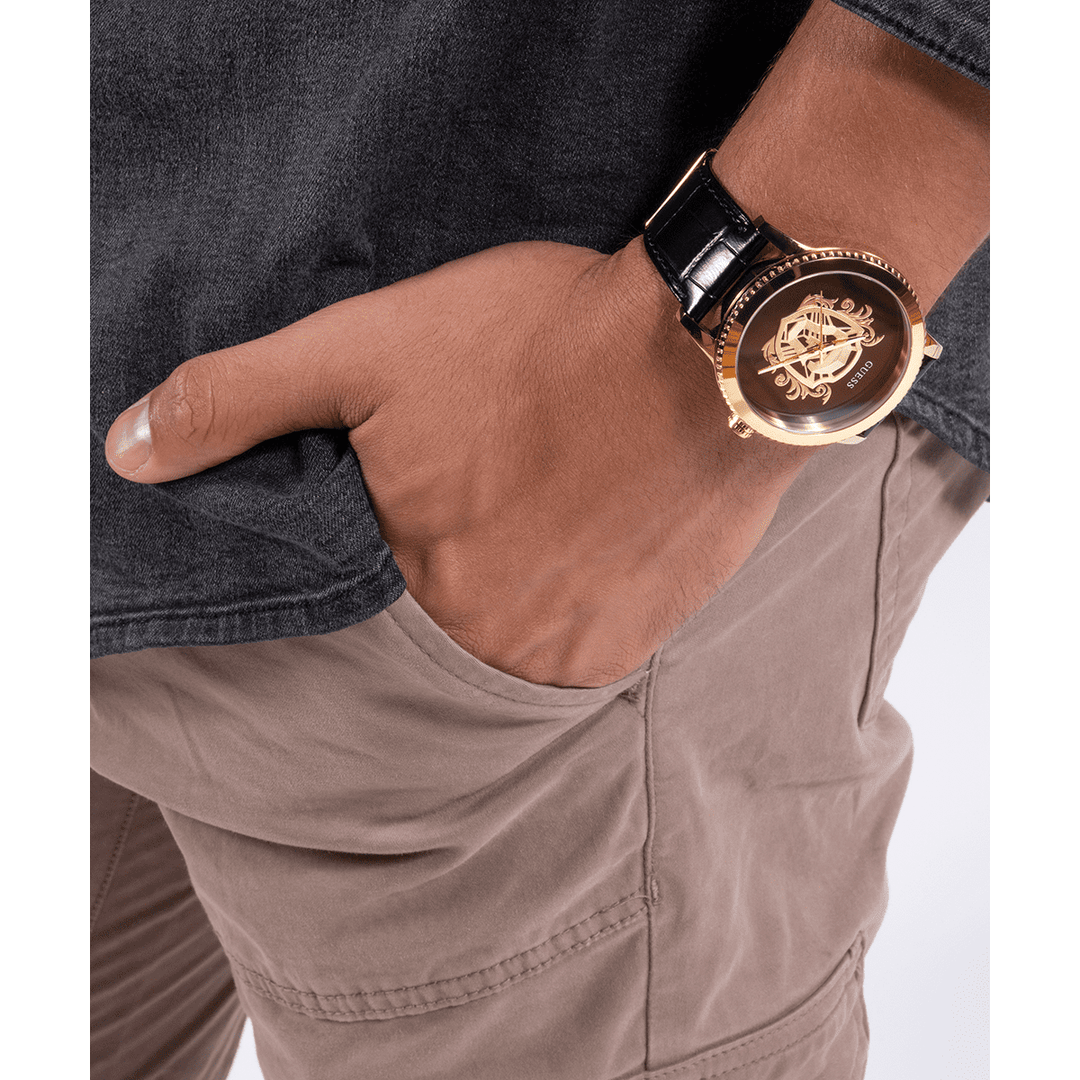 GUESS Mens Black Gold Tone Analog Watch