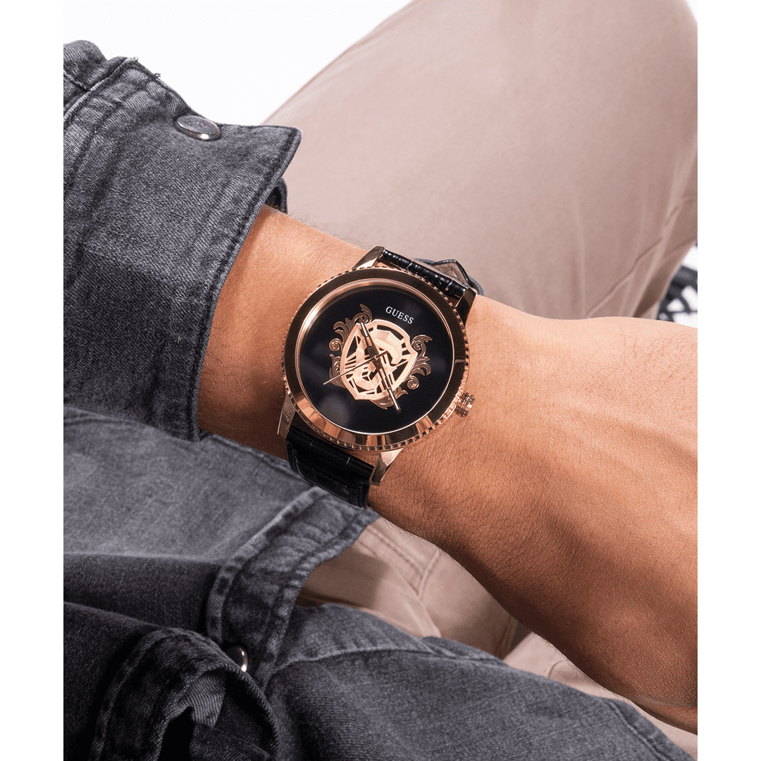 GUESS Mens Black Gold Tone Analog Watch