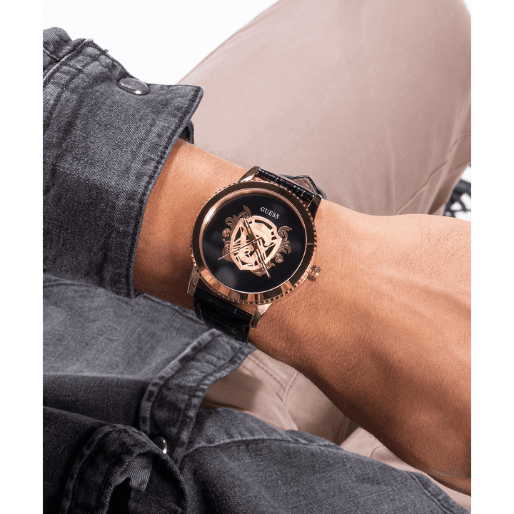 GUESS Mens Black Gold Tone Analog Watch