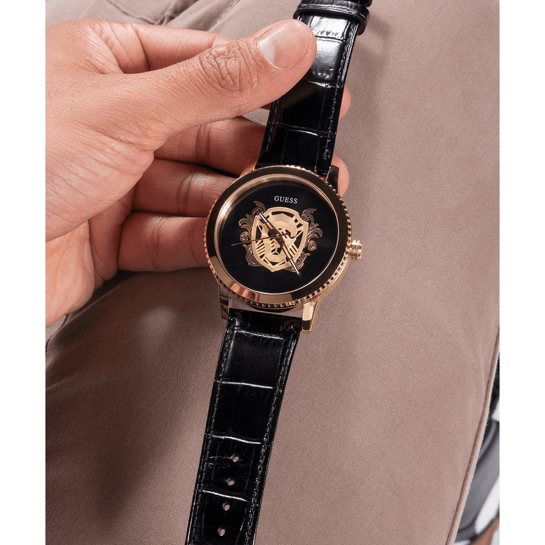 GUESS Mens Black Gold Tone Analog Watch