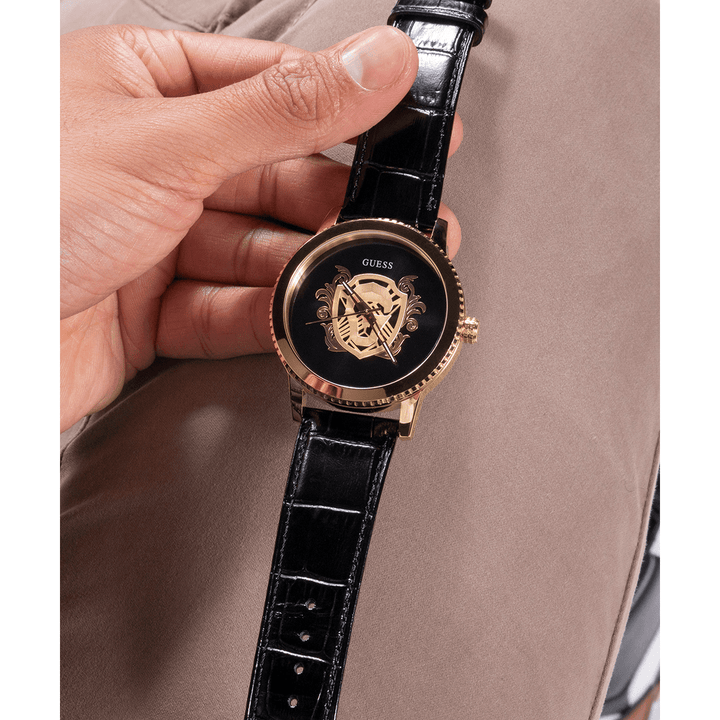 GUESS Mens Black Gold Tone Analog Watch