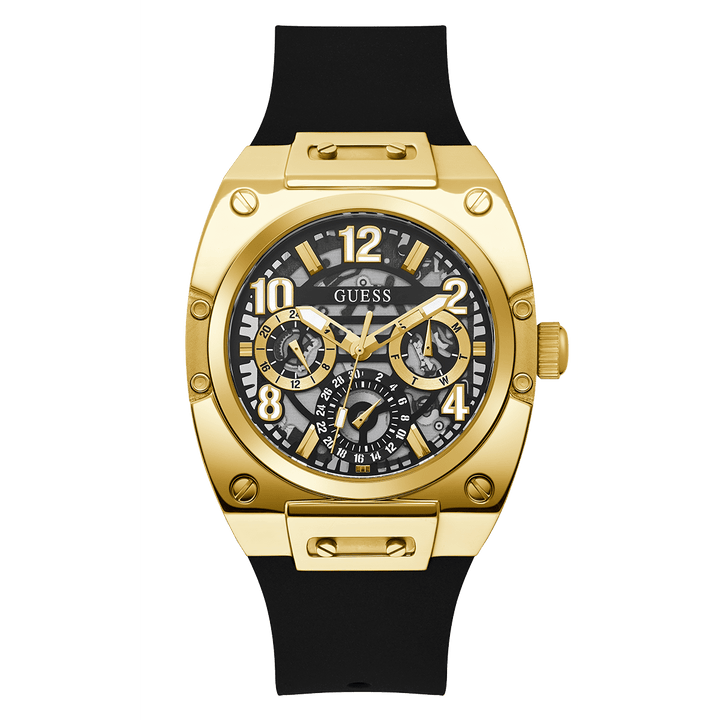 GUESS Mens Black Gold Tone Multi-Function Watch