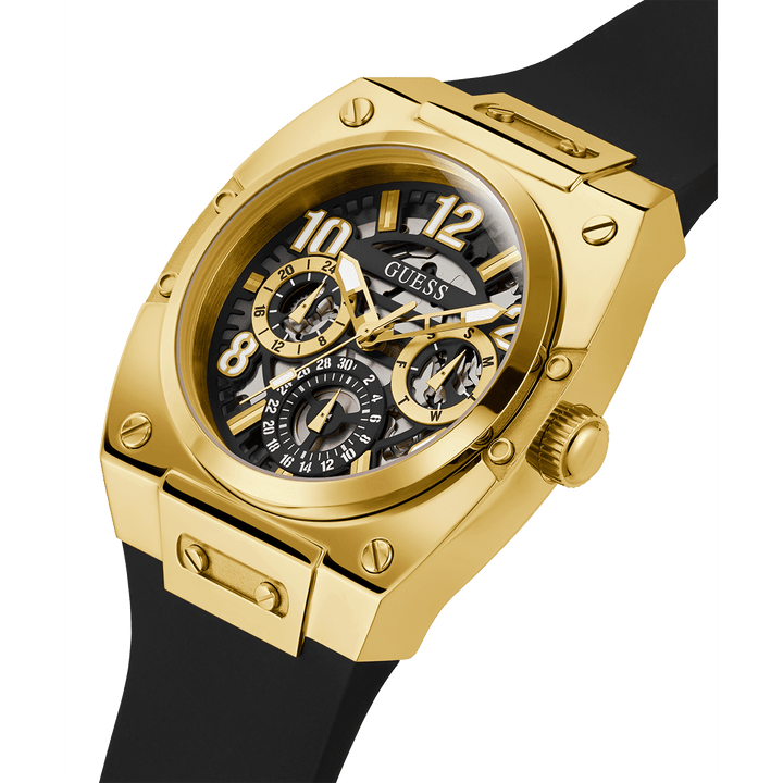 GUESS Mens Black Gold Tone Multi-Function Watch