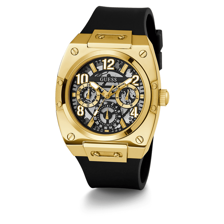 GUESS Mens Black Gold Tone Multi-Function Watch