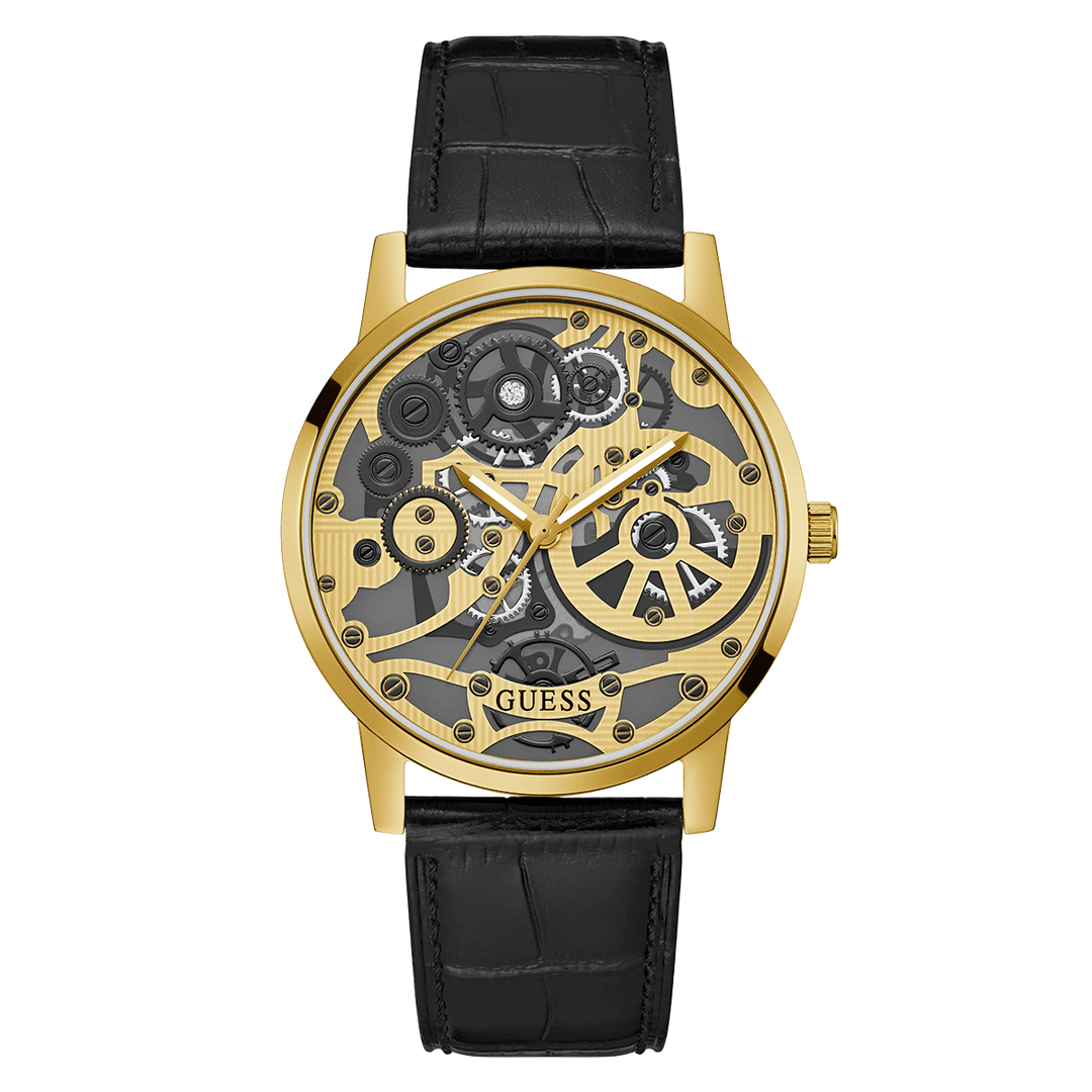 GUESS Mens Black Gold Tone Analog Watch