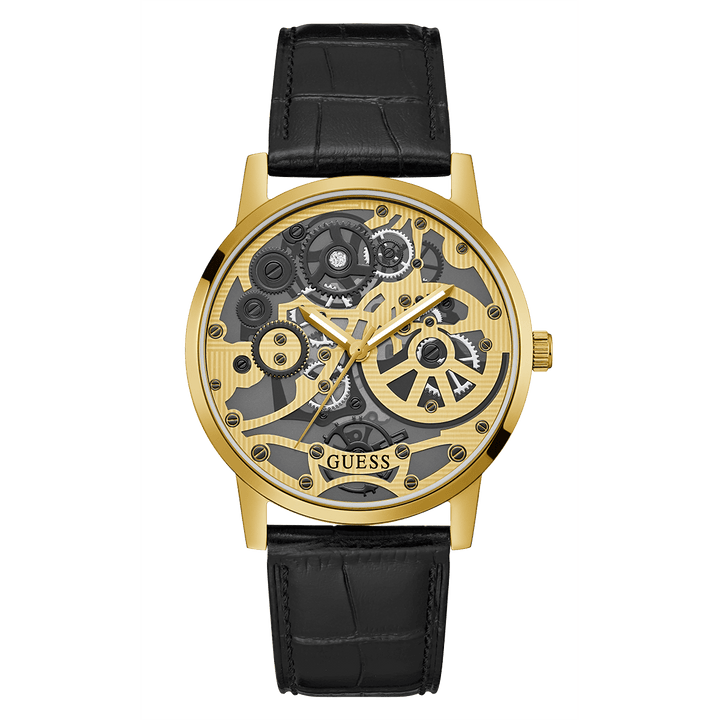 GUESS Mens Black Gold Tone Analog Watch