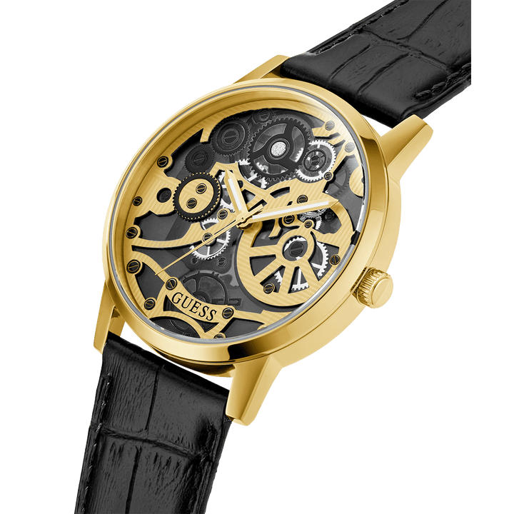 GUESS Mens Black Gold Tone Analog Watch