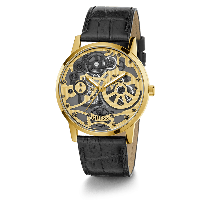 GUESS Mens Black Gold Tone Analog Watch
