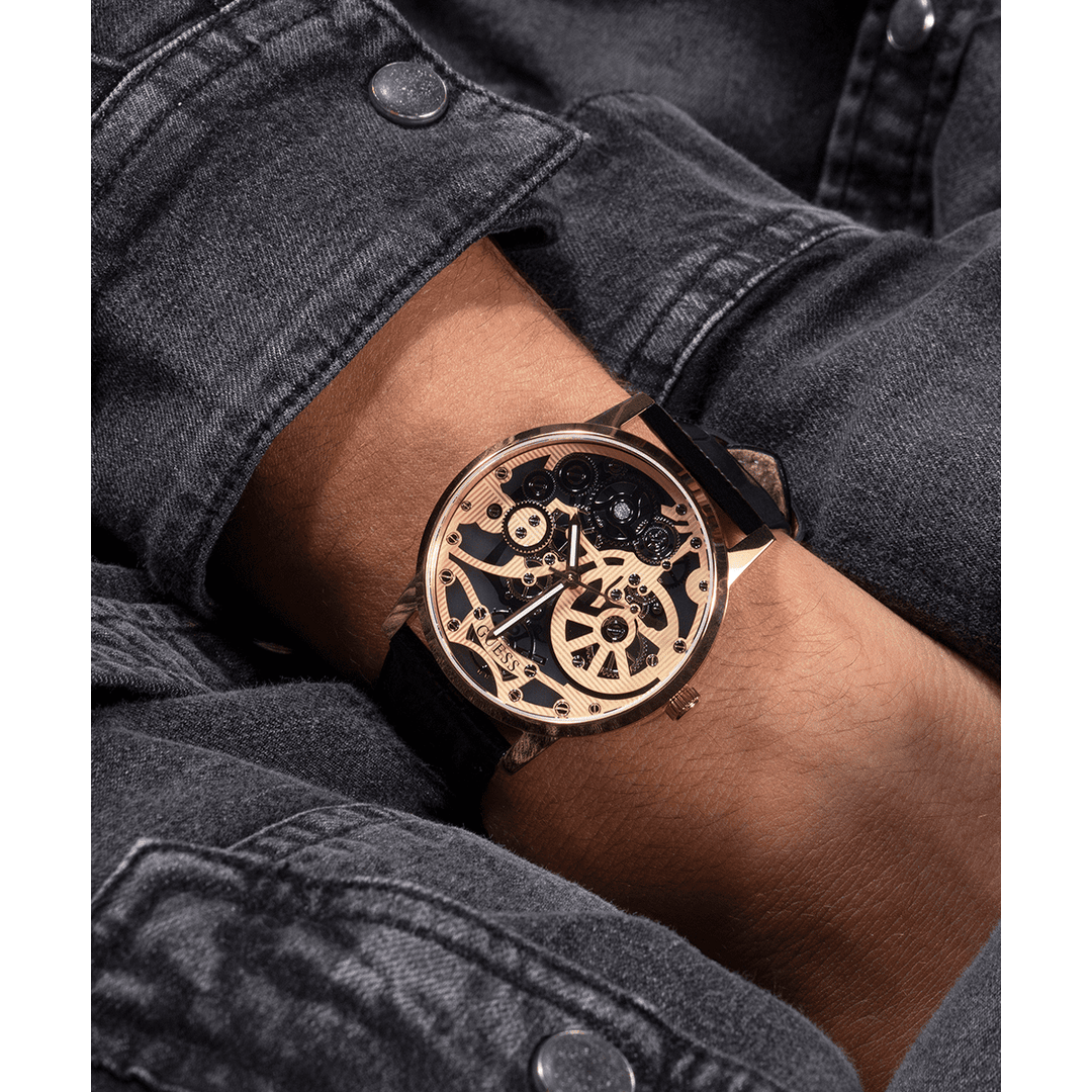 GUESS Mens Black Gold Tone Analog Watch