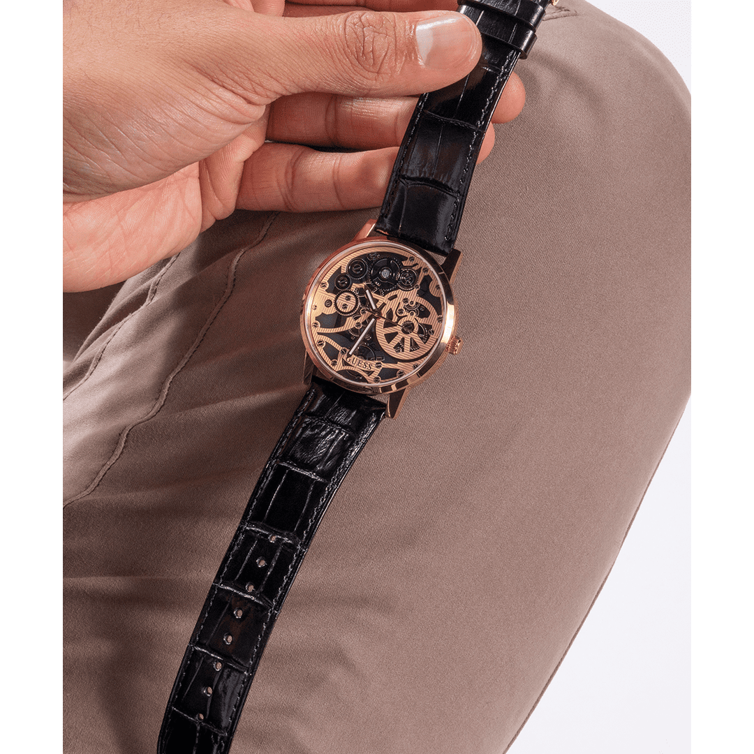 GUESS Mens Black Gold Tone Analog Watch