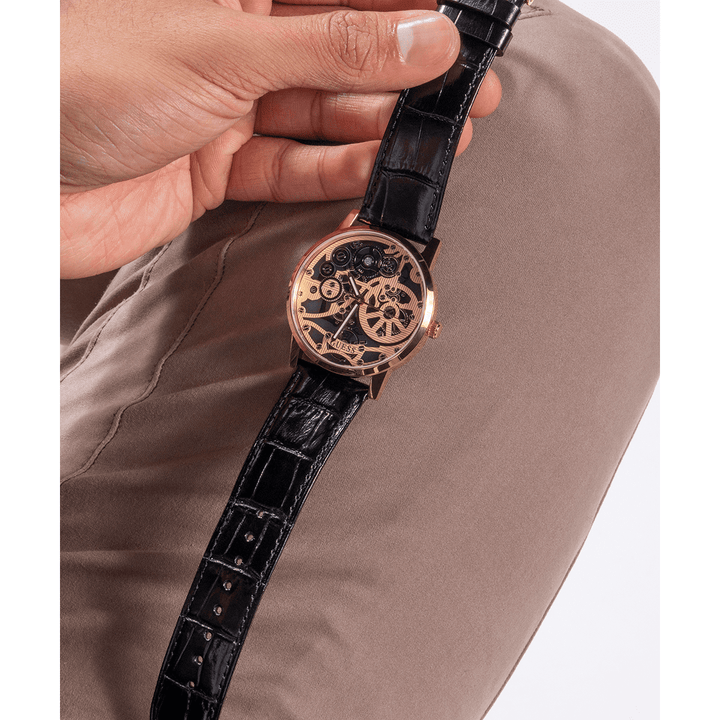 GUESS Mens Black Gold Tone Analog Watch