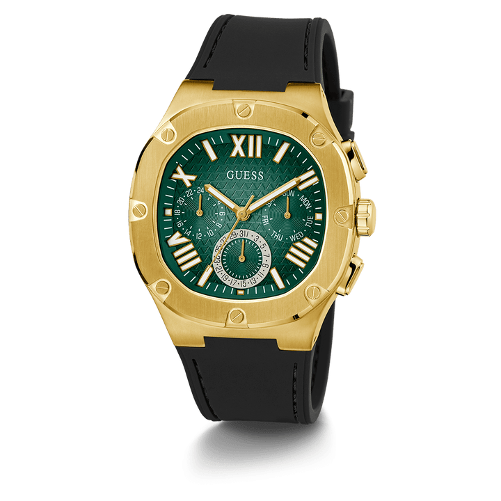 GUESS Mens Black Gold Multi-Function Watch