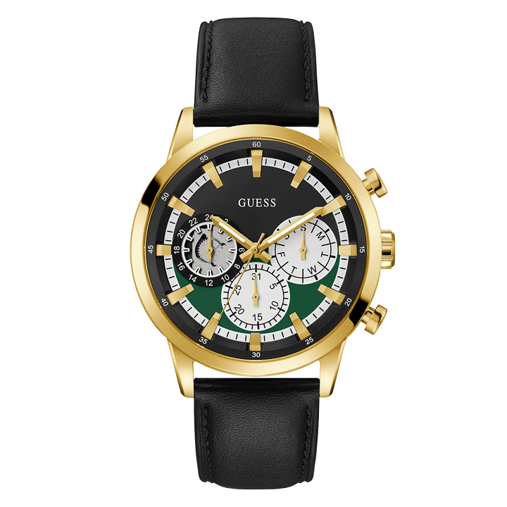 GUESS Mens Black Gold Tone Multi-Function Watch