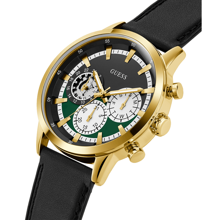 GUESS Mens Black Gold Tone Multi-Function Watch