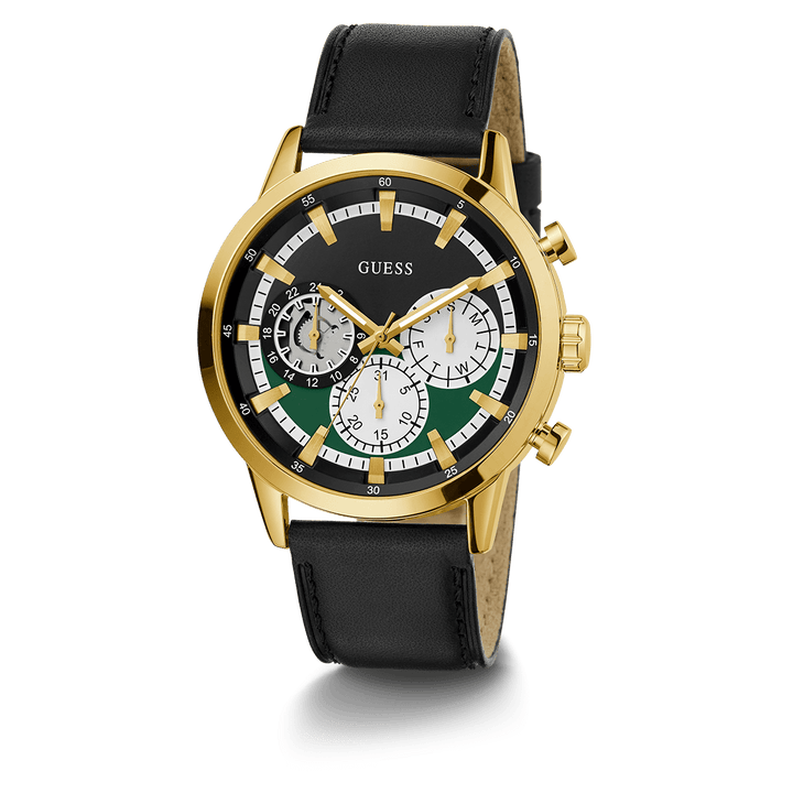 GUESS Mens Black Gold Tone Multi-Function Watch