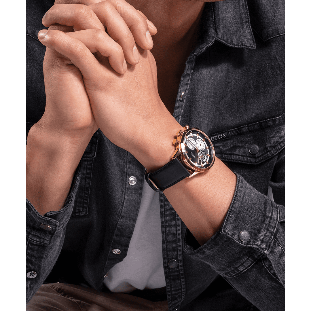 GUESS Mens Black Gold Tone Multi-Function Watch