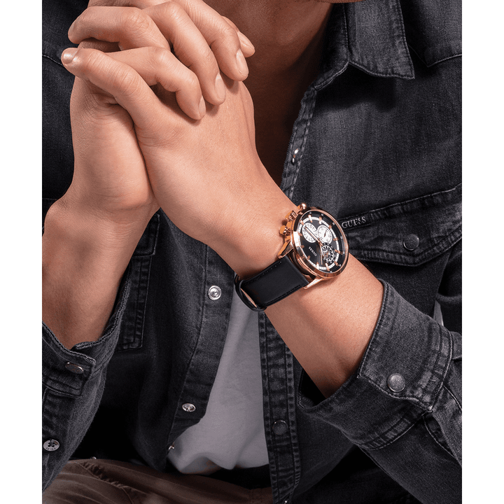 GUESS Mens Black Gold Tone Multi-Function Watch