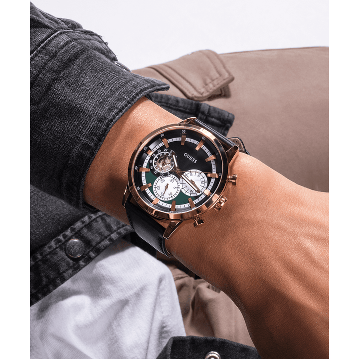 GUESS Mens Black Gold Tone Multi-Function Watch