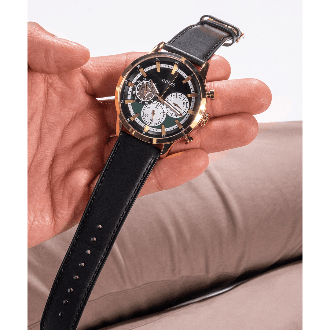 GUESS Mens Black Gold Tone Multi-Function Watch