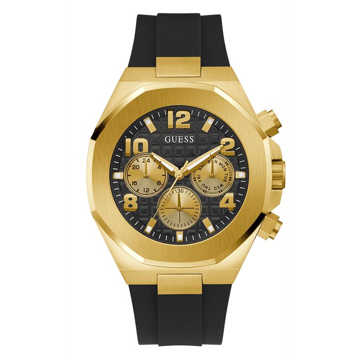 GUESS Mens Black Gold Tone Multi-Function Watch