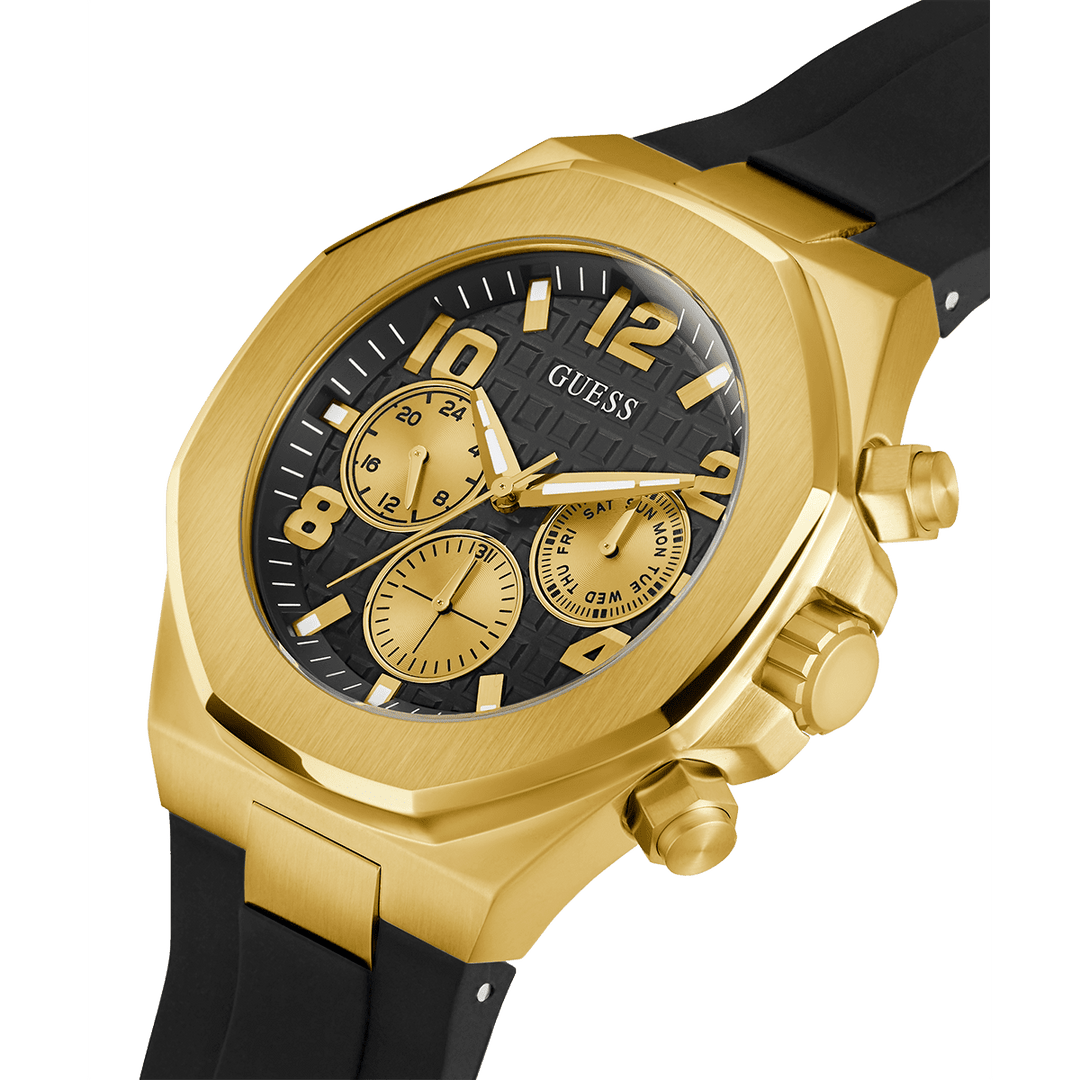 GUESS Mens Black Gold Tone Multi-Function Watch