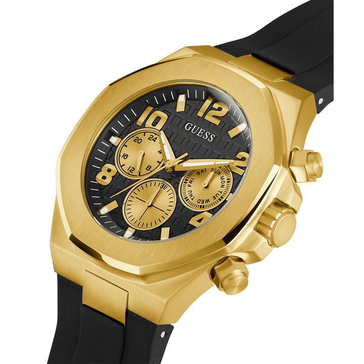 GUESS Mens Black Gold Tone Multi-Function Watch