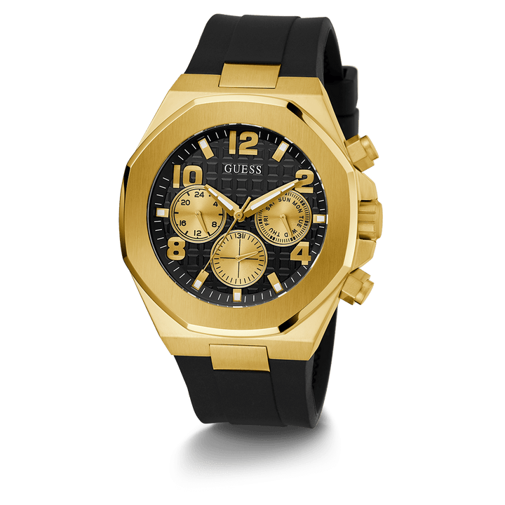 GUESS Mens Black Gold Tone Multi-Function Watch