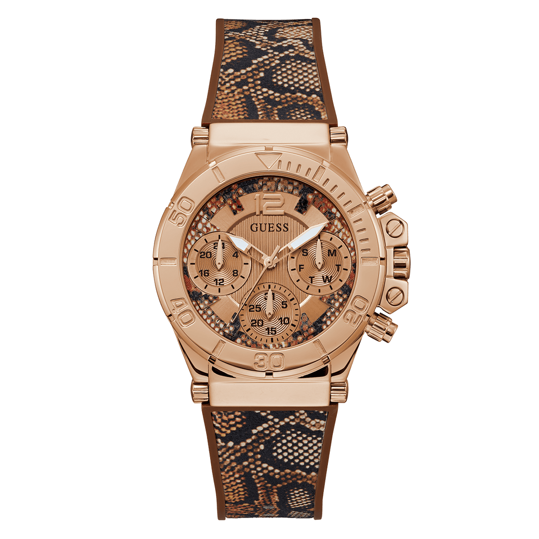 GUESS Ladies Brown Rose Gold Tone Multi-Function Watch