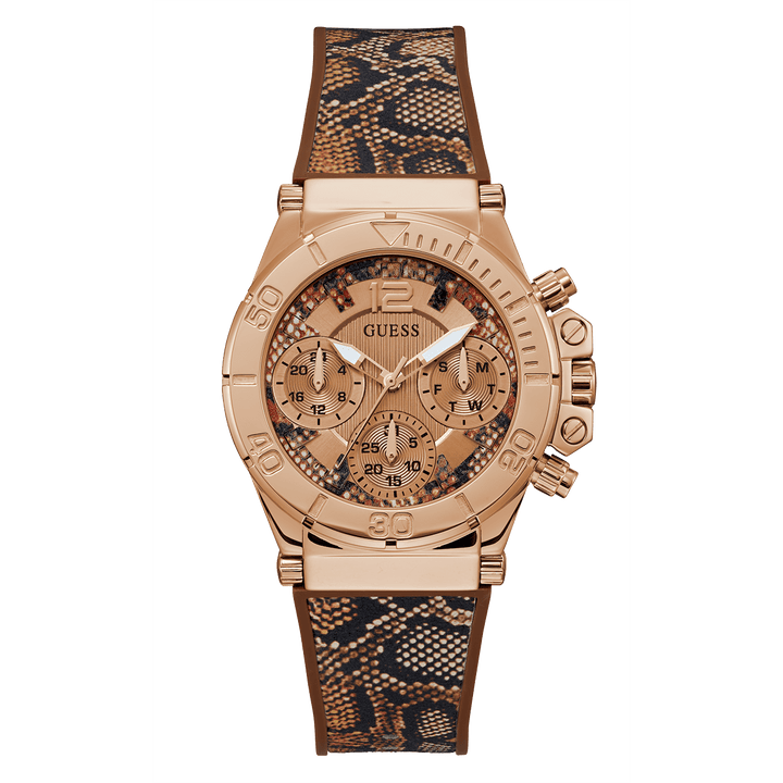 GUESS Ladies Brown Rose Gold Tone Multi-Function Watch