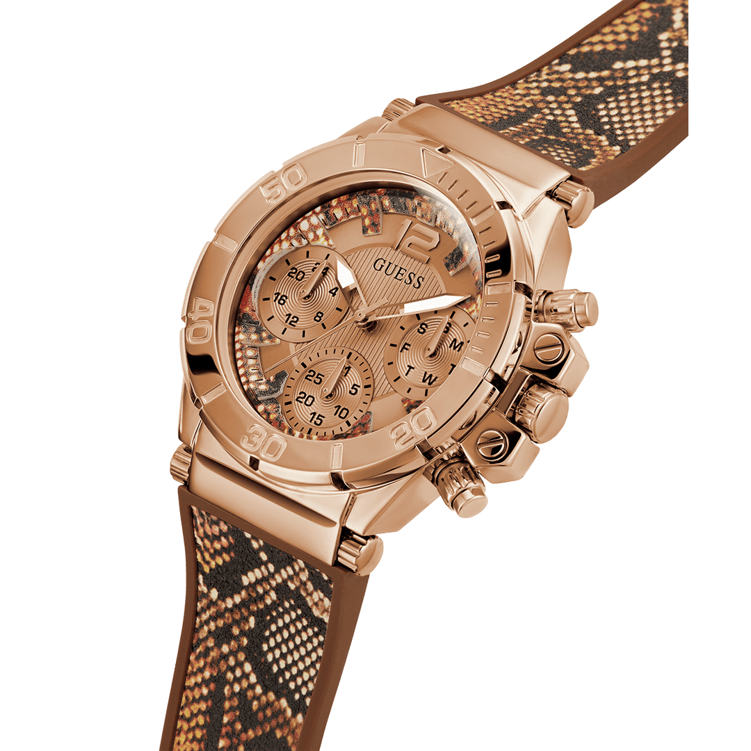 GUESS Ladies Brown Rose Gold Tone Multi-Function Watch