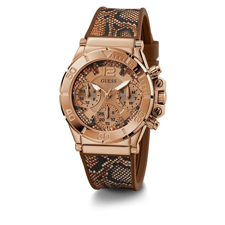 GUESS Ladies Brown Rose Gold Tone Multi-Function Watch