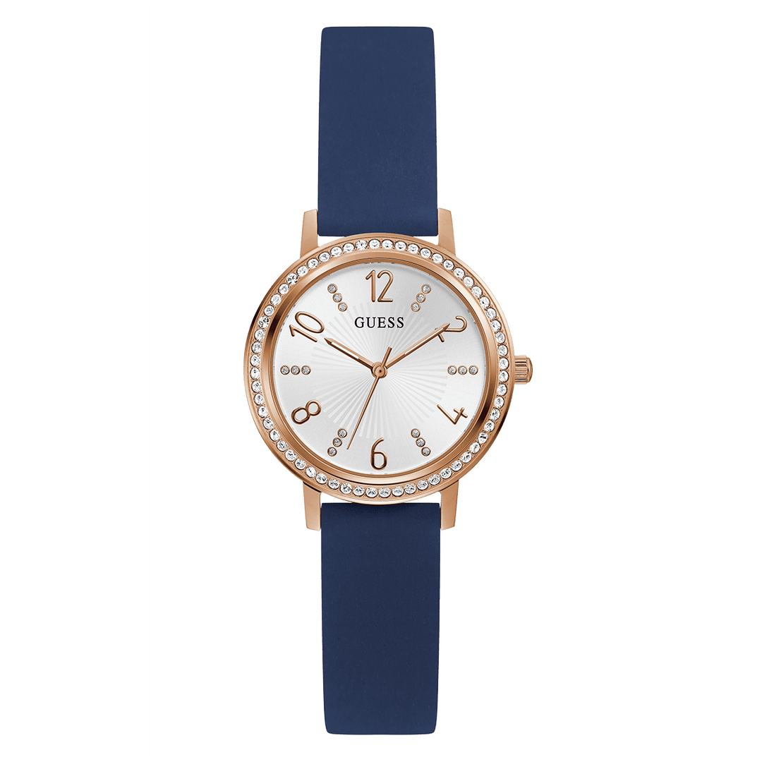 GUESS Ladies Blue Rose Gold Tone Analog Watch