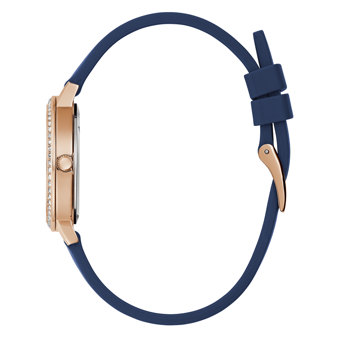 GUESS Ladies Blue Rose Gold Tone Analog Watch