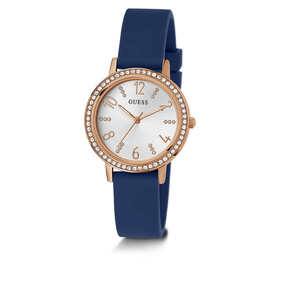 GUESS Ladies Blue Rose Gold Tone Analog Watch