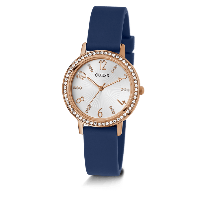 GUESS Ladies Blue Rose Gold Tone Analog Watch