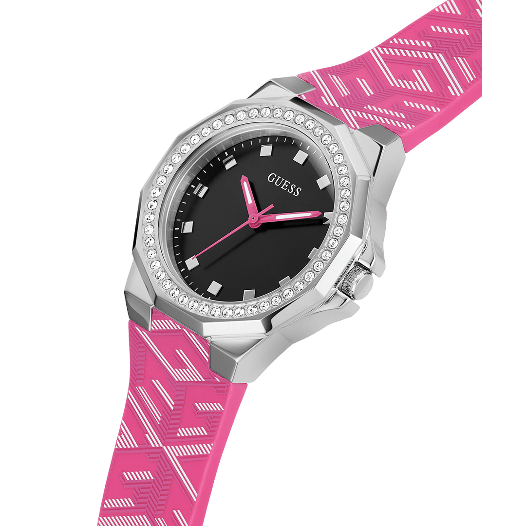GUESS Ladies Pink Silver Tone Analog Watch