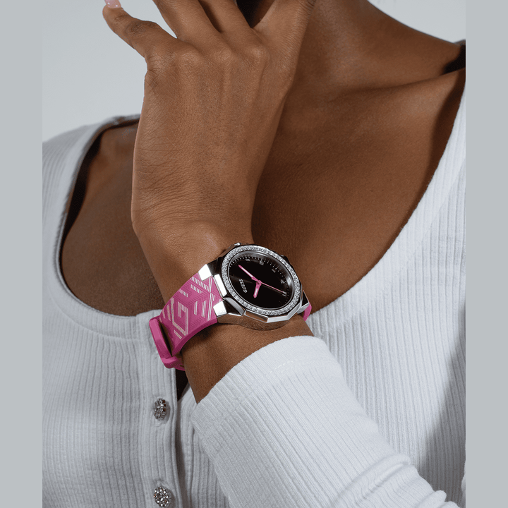 GUESS Ladies Pink Silver Tone Analog Watch