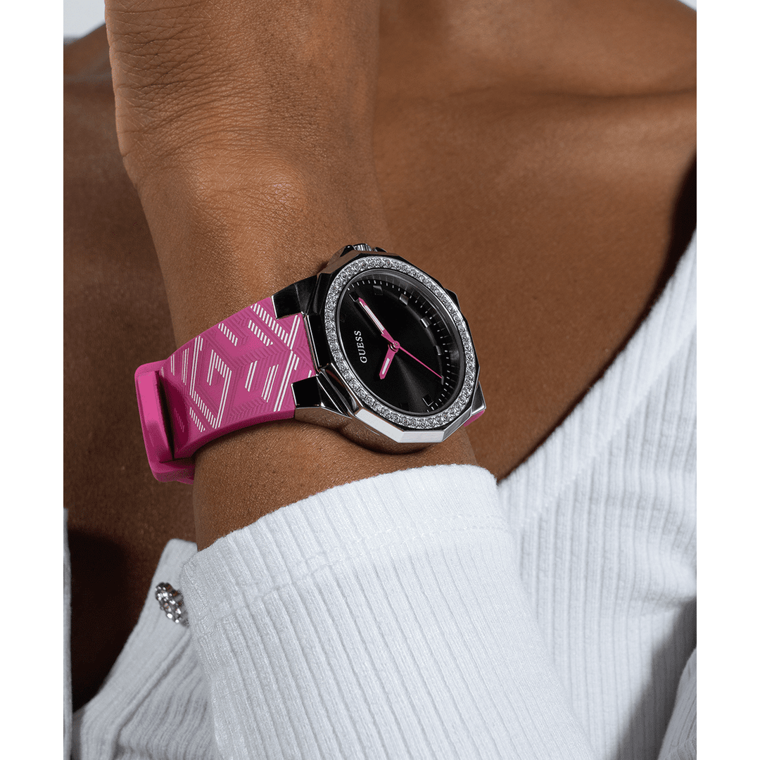 GUESS Ladies Pink Silver Tone Analog Watch