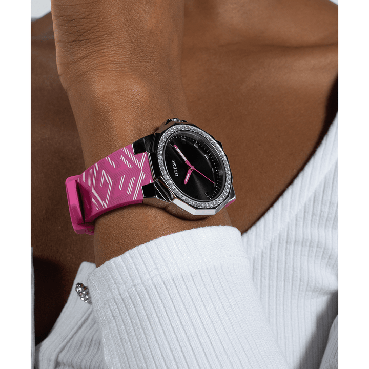 GUESS Ladies Pink Silver Tone Analog Watch